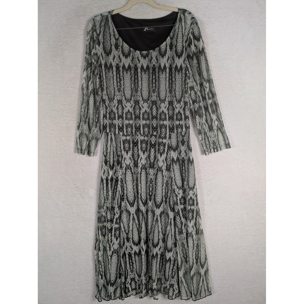 Studio Connection Dress Women's Gray Snakeskin Mesh Overlay Fit & Flare L Sleeve